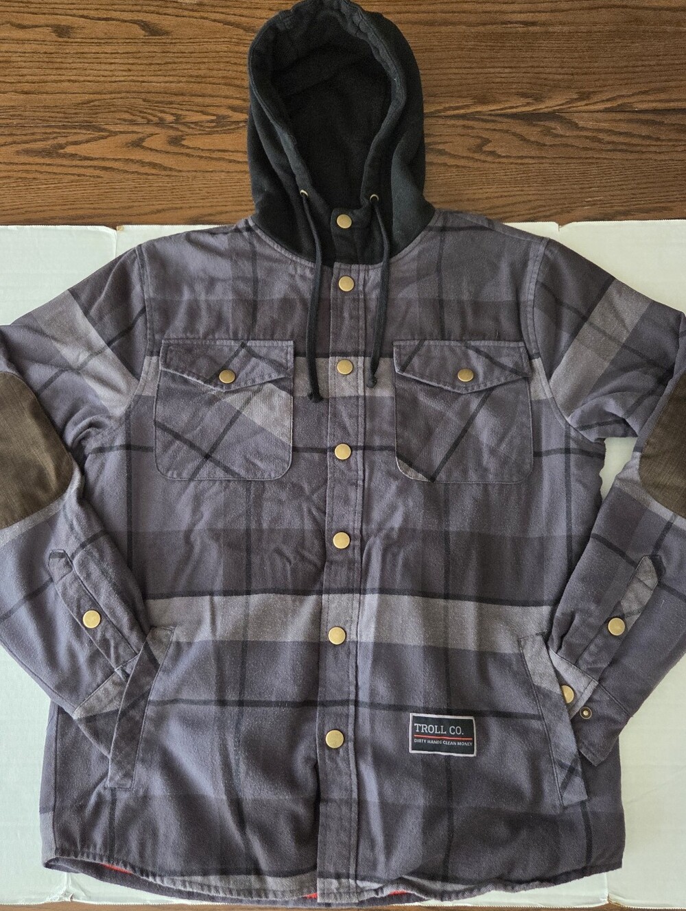 Troll Co. Flannel Hooded Shacket/Jacket Sherpa Lined Men's SM Gray/Black EUC